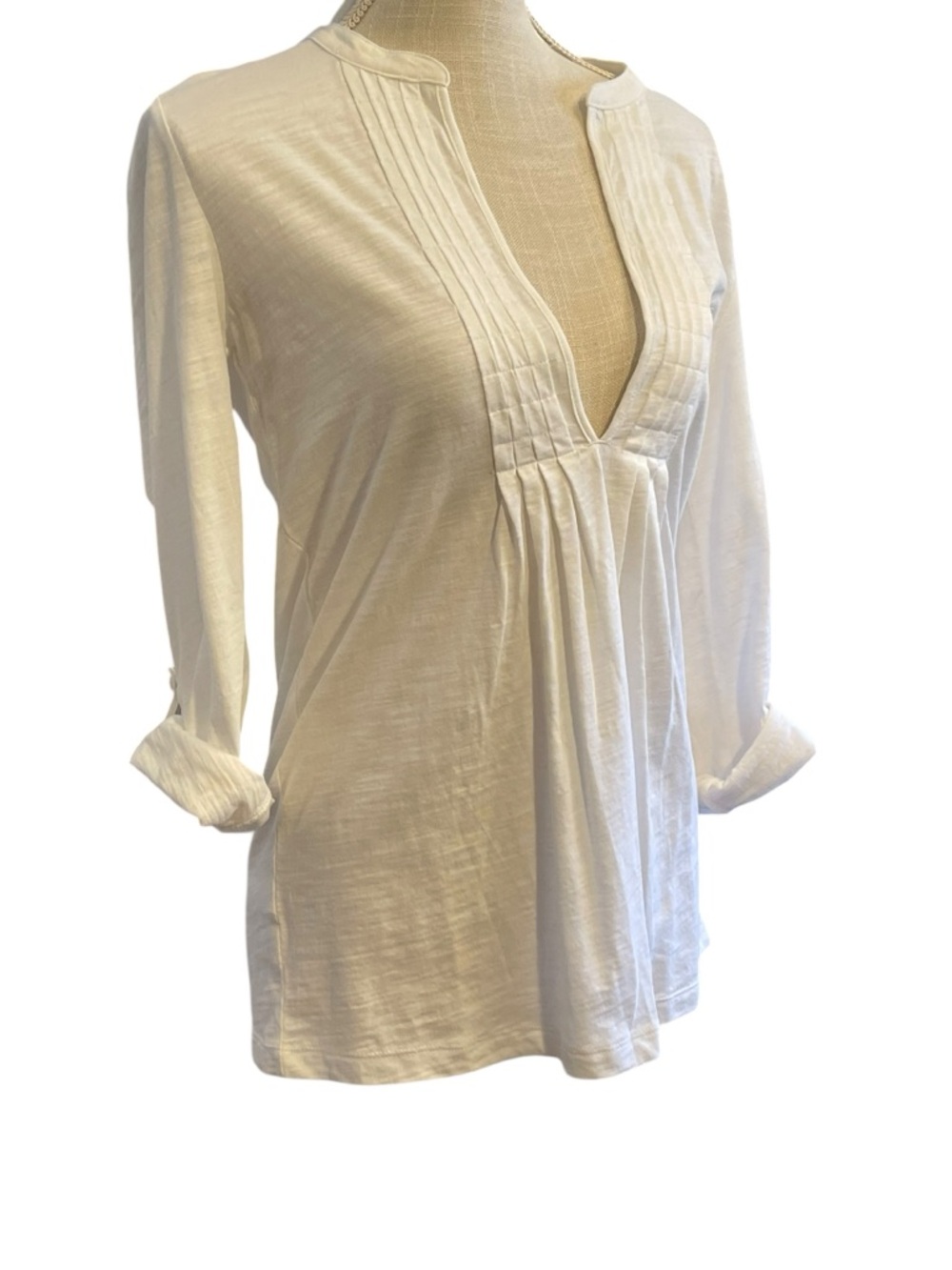 LOFT White Pintuck V-Neck Tunic Blouse